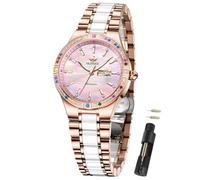 OUPINKE Automatic Watches for Women Diamond Luxury Dress Self Winding Stainless Steel Sapphire Crystal Ceramic Ladies Wrist Watches, L3283：Rose Gold&Pink