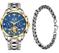 OUPINKE Men Automatic Watch Diamond Skeleton Original Mechanical Self Winding Luxury Wrist Watch for Men, G3270G: Two tone band & Blue dial, Luxury Present Gift Business Casual Classic Party