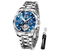 OUPINKE Men’s Watches Automatic Self-Winding Luxury Diamond Mirror Skeleton Mechanical Watch Date Dress Business Tungsten Steel Waterproof Luminous Wrist Watches for Men, 3316:Silver strap&blue dial