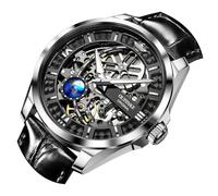OUPINKE Men Watch Automatic Mechanical Hollow Dragon Watch Luxury Formal Gold Diamond 50M Waterproof Tungsten Steel Luminous Watch, Silver 3268, Fashion