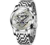 OUPINKE Men's Automatic Luxury Skeleton Watch with Diamonds Mechanical Self-Winding Stainless Steel Waterproof Moon Phase & Luminous, Silver&Grey