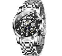 OUPINKE Men's Automatic Luxury Skeleton Watch with Diamonds Mechanical Self-Winding Stainless Steel Waterproof Moon Phase & Luminous, Silver&Black