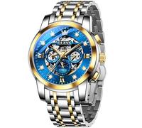 OUPINKE Men's Automatic Luxury Skeleton Watch with Diamonds Mechanical Self-Winding Stainless Steel Waterproof Moon Phase & Luminous, Two Tone&Blue