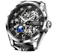 OUPINKE Mens Automatic Watch 42mm Skeleton Large Dial Luxury Dress Slef-Winding Mechanical Watch, Sapphire Crystal Mirror, Waterproof Luminous Stainless Steel Case, Black leather strap - silver