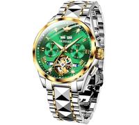 OUPINKE Mens Automatic Watches Diamond Skeleton Self Winding Luxury Dress Wrist Watch Sapphire Crystal Tungsten Steel, Two tone band & green dial, Mechanical,Self-winding
