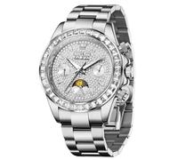 OUPINKE Men's Luxury Watch Gold Diamond Automatic Mechanical with Date Moon Phase Stainless Steel Luminous Waterproof Business Wristwatch, 7038: Silver, 7038