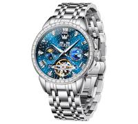 OUPINKE Men's Luxury Watch Gold Diamond Automatic Mechanical with Date Moon Phase Stainless Steel Luminous Waterproof Business Wristwatch, 6712: Blue, 6712