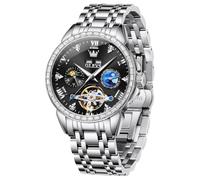 OUPINKE Men's Luxury Watch Gold Diamond Automatic Mechanical with Date Moon Phase Stainless Steel Luminous Waterproof Business Wristwatch, 6712: Black, 6712