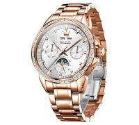OUPINKE Men's Luxury Watch Gold Diamond Automatic Mechanical with Date Moon Phase Stainless Steel Luminous Waterproof Business Wristwatch, 6695: White&Rose Gold, 6695