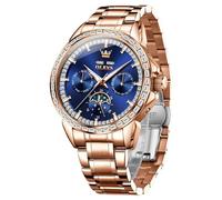 OUPINKE Men's Luxury Watch Gold Diamond Automatic Mechanical with Date Moon Phase Stainless Steel Luminous Waterproof Business Wristwatch, 6695: Blue&Rose Gold, 6695