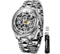 OUPINKE Men's Skeleton Mechanical Watches Luxury Dress Automatic Self Winding Sapphire Crystal Waterproof Tungsten Steel Band Wrist Watches, Silver, Modern