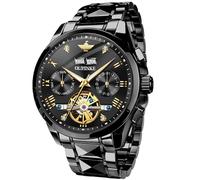 OUPINKE Men's Watch Advanced Design Waterproof Luminous All Black Big Face Skeleton Automatic Business Mechanical Dress Wristwatch Tungsten Steel 160FT