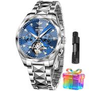 OUPINKE Men's Watches Automatic Skeleton Self-Winding Original Mechanical Gold Luxury Sapphire Crystal Dress Gifts Wrist Watches, G3316:Silver strap & blue dial, Luxury Business Casual Classic Party