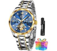 OUPINKE Men's Watches Automatic Skeleton Self-Winding Original Mechanical Gold Luxury Sapphire Crystal Dress Gifts Wrist Watches, G3316: Two tone band & Blue dial, Luxury Business Casual Classic Party