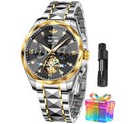 OUPINKE Men's Watches Automatic Skeleton Self-Winding Original Mechanical Gold Luxury Sapphire Crystal Dress Gifts Wrist Watches, G3316: Two tone band & Black dial, Luxury Business Casual Classic