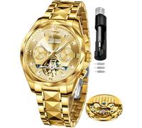 OUPINKE Men's Watches Automatic Skeleton Self-Winding Original Mechanical Gold Luxury Tonneau Sapphire Crystal Waterproof Dress Gifts Wrist Watches, G3316: Gold band & Gold dial, Luxury Business