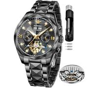 OUPINKE Men's Watches Automatic Skeleton Self-Winding Original Mechanical Gold Luxury Tonneau Sapphire Crystal Waterproof Dress Gifts Wrist Watches, G3316: Black band & Black dial, Luxury Business