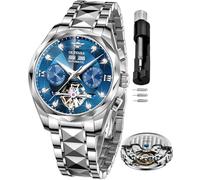 OUPINKE Men's Watches Automatic Skeleton Self-Winding Original Mechanical Gold Luxury Tonneau Sapphire Crystal Waterproof Dress Gifts Wrist Watches, G3316:Silver strap & blue dial, Luxury Business