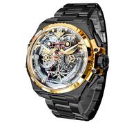 OUPINKE Watch for Men Automatic Wristwatch 3D Dial with 5ATM Waterproof Luminous Calendar Skeleton Watches-Sapphire Crystal Tungsten Steel Strap, Gold Black, Classic