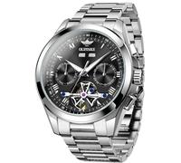 OUPINKE Watch for Men Automatic Wristwatch Sapphire Crystal Calendar Skeleton Luminous 3D Dial with 5ATM Waterproof Luxury Tungsten Steel Strap, black-3281