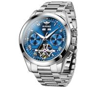 OUPINKE Watch for Men Automatic Wristwatch Sapphire Crystal Calendar Skeleton Luminous 3D Dial with 5ATM Waterproof Luxury Tungsten Steel Strap, Blue-3281