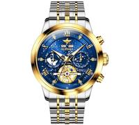 OUPINKE Watch for Men Skeleton Self Winding Mechanical Automatic Luxury Dress Black Wrist Watch Waterproof Luminous Tungsten Sapphire Crystal, G3255:Two tone band&Blue dial, G3255