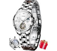 OUPINKE Women Automatic Watches Luxury Diamond Flywheel Two-Tone Stainless Tungsten Steel Band Moon Phase 24 Hours, 3202: Silver band & White dial, Luxury Present Gift Business Casual Classic Party