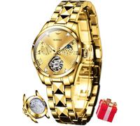 OUPINKE Women Automatic Watches Luxury Diamond Flywheel Two-Tone Stainless Tungsten Steel Band Moon Phase 24 Hours, 3202: Gold band & Gold dial, Luxury Present Gift Business Casual Classic Party