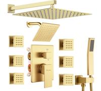 Oupukle Thermostatic Shower System 10 Inch All Metal Overhead Rain Shower Combo Set with Handheld Wall Mounted 3 Way Thermostatic Valve and Trim Kit (Wall Mount, Brushed Gold)