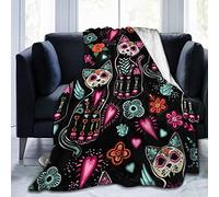 Ouqiuwa Day of The Dead Cat Kitten Sugar Skull Throw Blanket Plush Microfiber Flannel Fleece Blanket 80"X60" for Bed Sofa Couch Camping Travel
