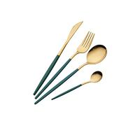 OUQIWEN 16 Piece Green and Golden Cutlery Set,Green Handle Knife Fork Spoon Set,Green Gold Stainless Steel Cutlery ,4 Person Dinner Set (Green Gold)