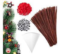 OUQIWEN 500 Pcs Brown Pipe Cleaners Set,including 100 Brown Craft Chenille Stems,100 Sweet Cone Bags,100 Pompoms and 200 Wiggle Googly Eyes Christmas Reindeer DIY Craft Set