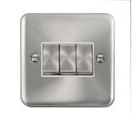 Our Curved Edge Satin / Brushed Chrome 10A 3 Gang 2 Way Ingot Light Switch - White Trim - Se Home