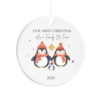 Our First Christmas as a Family of Three/Four/Five Watercolour Penguin Design Ceramic Bauble Ornament - New Parents and Baby's First (Family of Three)