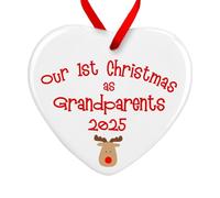 Our First Christmas as Grandparents Reindeer Heart Plaque Gift | Baby 1st Xmas Tree Decoration Bauble | Handmade Grandparent Ornament Gift (Ceramic - Red Ribbon)