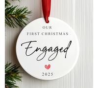 Our First Christmas Engaged Bauble | Ceramic Christmas Engagement Ornament | Xmas Engaged Monochrome Decoration Fiance Gift (Red Ribbon, Design 1)