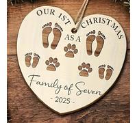 Our First Christmas Ornament, First Christmas As A Family Of Four Footprints, Custom Shaped Wooden Ornament, Baby's First (Design 7)