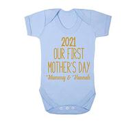Our First Mother’s Day 2021 Mummy & Name (in Gold) [MD19] Baby Grow Vest, 6-12 Months, Pastel Blue