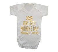 Our First Mother’s Day 2023 Mummy & Name (in Gold) [MD19] Baby Grow Vest, 3-6 Months, White
