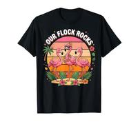 Our Flock Rocks Retro Tropical Flamingo Sunset T-Shirt