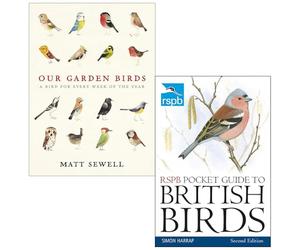 Our Garden Birds By Matt Sewell & RSPB Pocket Guide to British Birds Second edition By Simon Harrap 2 Books Collection Set
