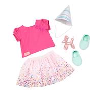Our Generation 18-Inch Doll Clothes Birthday Outfit, It's Time to Party | 6-piece birthday outfit with top, confetti-inspired skirt, party hat, shoes, and dog balloon; fits most 18-inch; 3+ Years