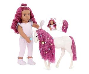Our Generation 18-Inch Doll & Horse Foal Set, Estra and Delta, Dolls | 18-inch doll with 12-inch white foal, matching fuchsia hair, styling accessories, and dress-up outfit for pretend, 3+ Years
