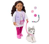 Our Generation - Estella - 18-Inch Doll & Pet Puppy Set - Lifelike Dark-Brown Eyes & Wavy Dark-Brown Hair - Husky Dog Plush Stuffed Animal & Accessories - Pretend Play - Toy for Kids 3 Years +