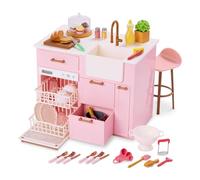 Our Generation Cooking Island Kitchen Playset for 18-inch Dolls, Medium | 34-piece doll kitchen island with sink, stool, toy food, dishes, storage, and 3 sounds for pretend play, Medium, 3+ Years