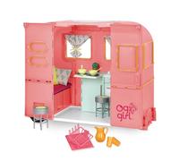 Our Generation R.V. Seeing You Camper, Pink 18-Inch Doll Trailer, Vehicles | 28-pc pink camper with hitch, bed, table, stools, sink, stove, fridge, dishes for two; fits most 18-inch dolls; 3+ Years