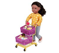 Our Generation Toy Shopping Cart, At the Market Grocery Playset Doll | 24-piece doll grocery cart with 23 toy food accessories, rolling wheels, 2 baskets, bottom tray, purple and yellow, 3+ Years