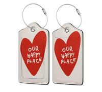 Our Happy Place Large Red Heart Luggage Tag for Suitcase 2 Pack Leather Luggage Tag with Privacy Flap Name Id Label and Metal Loop for Women Men Travel
