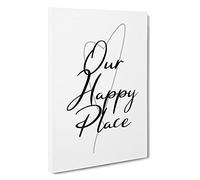 Our Happy Place Typography Canvas Print | Gallery Wrapped 30mm Frame Wall Art | 30x20 inches | Ready to Hang | Modern Typography Picture | Living Room Bedroom Lounge Office