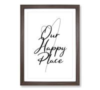 Our Happy Place Typography Framed Print | A2 Walnut Framed Wall Art | Ready to Hang | Modern Positive Affirmations Picture | Living Room Bedroom Lounge Office